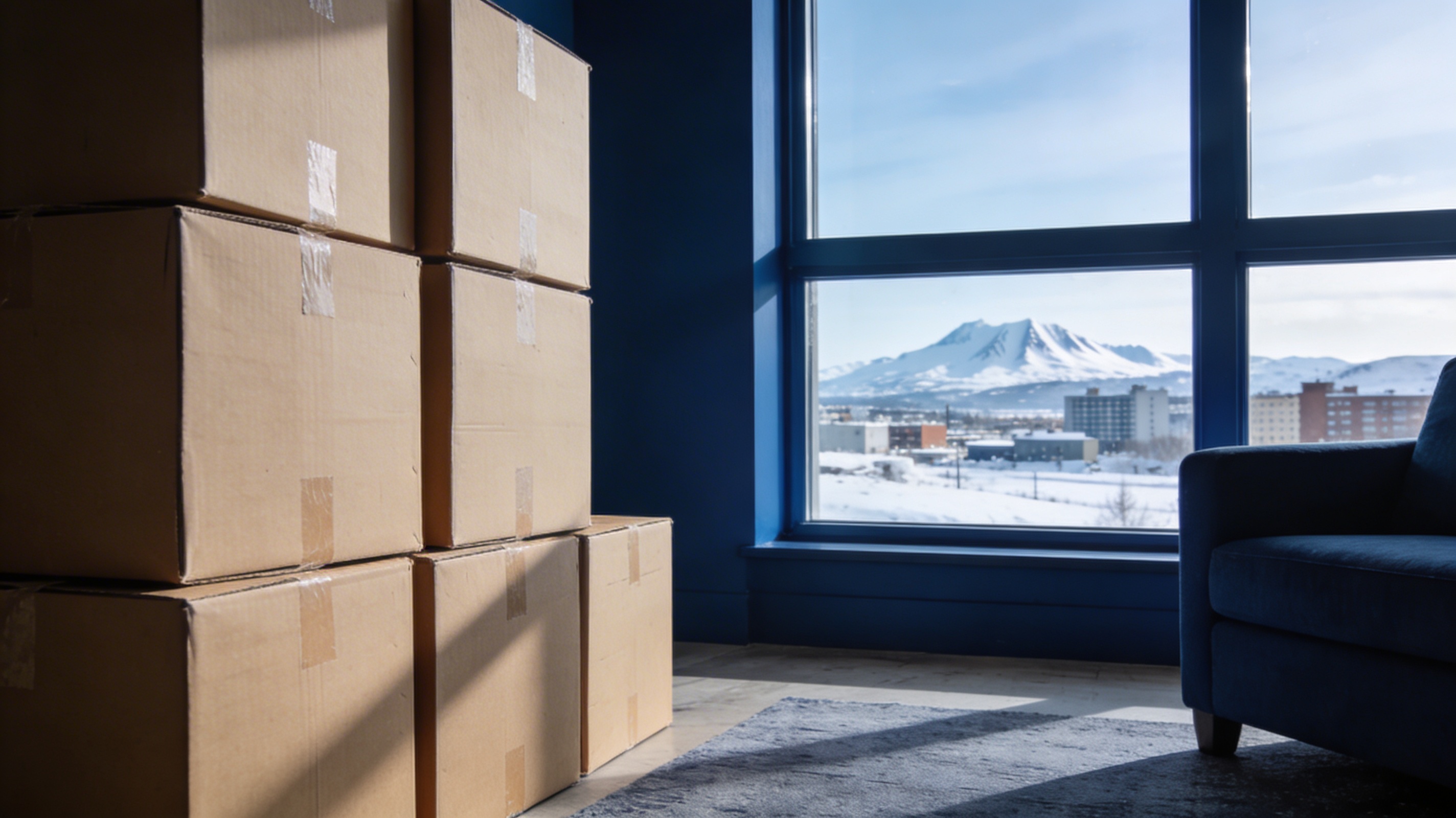 Moving boxes in a bright living room before relocation